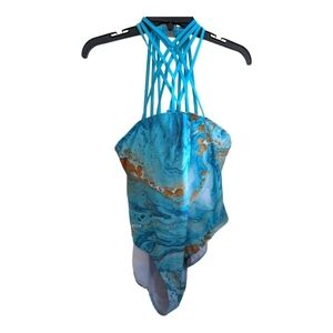 NANU Teal & Beige Marble Print One Piece Swimsuit Size 3X EUC